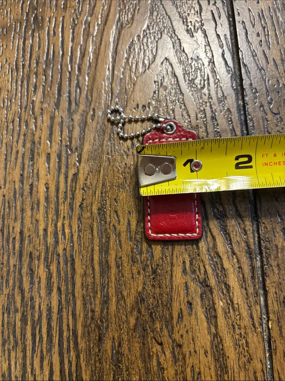 Coach Red Leather Stitched Key Tag with Chain